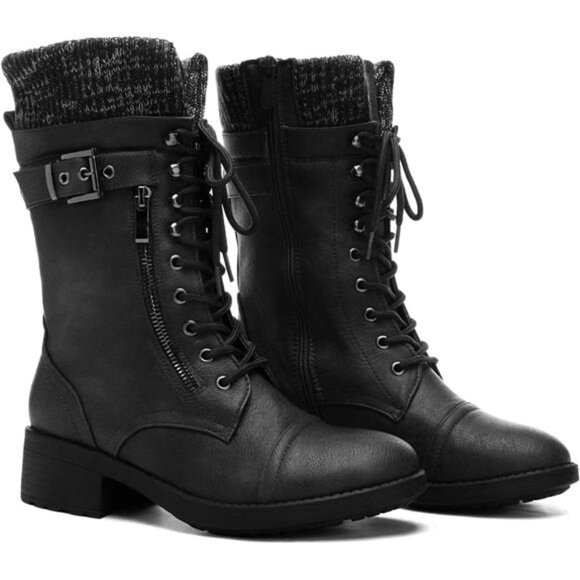 DREAM PAIRS Women's Winter Lace up Mid Calf Combat Riding Military Boots - Picture 3 of 5